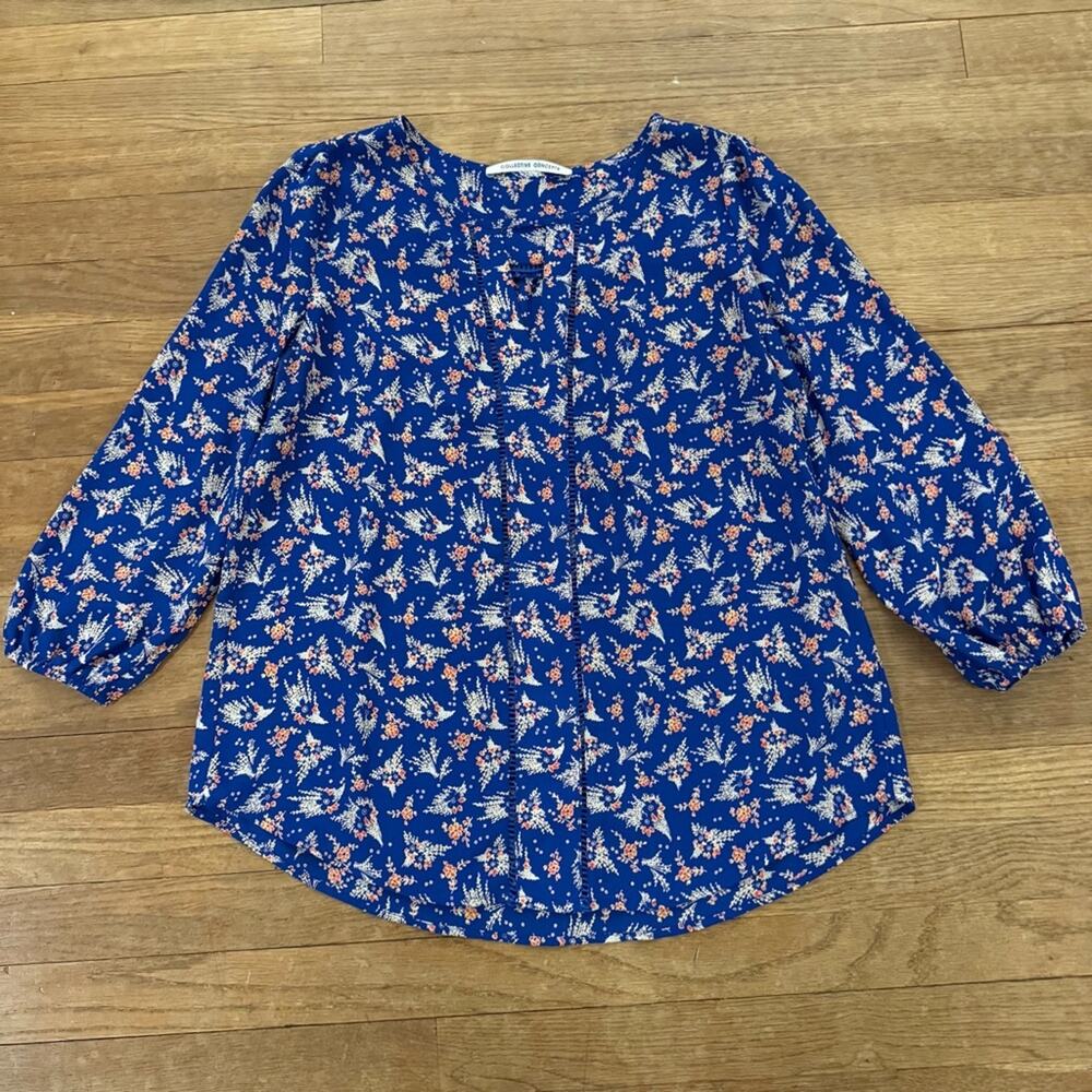 Collective Concepts blue tan 3/4 sleeve blouse shirt top size small S
 b33
